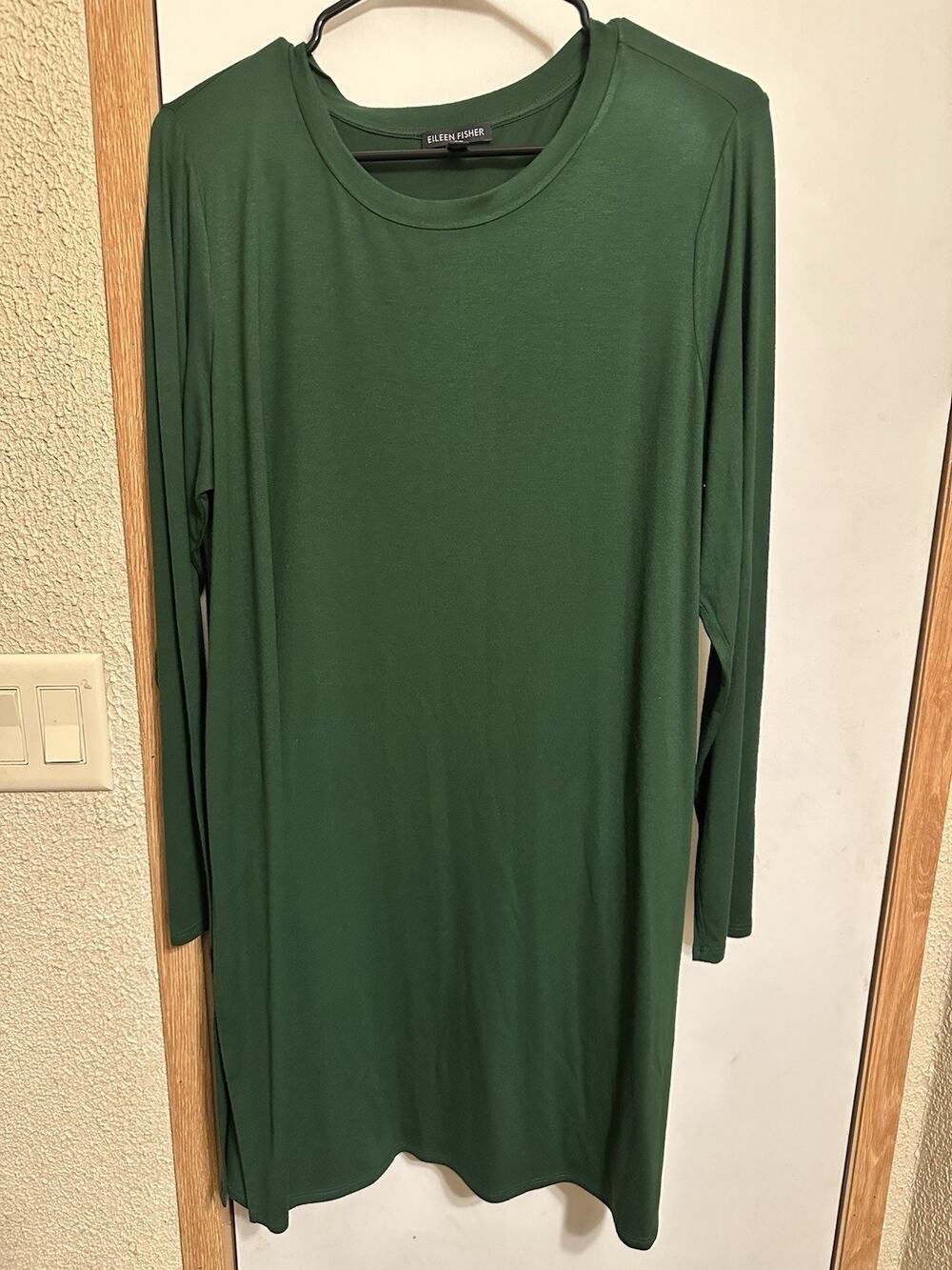 Eileen Fisher Womens Large Dress Green T Shirt Jersey Knit Long Sleeve USA Made
